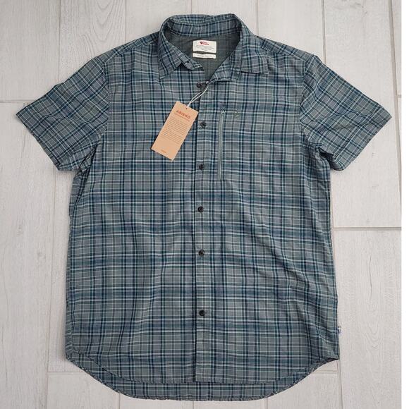 Fjallraven Shirt Men XL Blue Plaid Abisko Hiking Short Sleeve Vented Button Up - Picture 1 of 8
